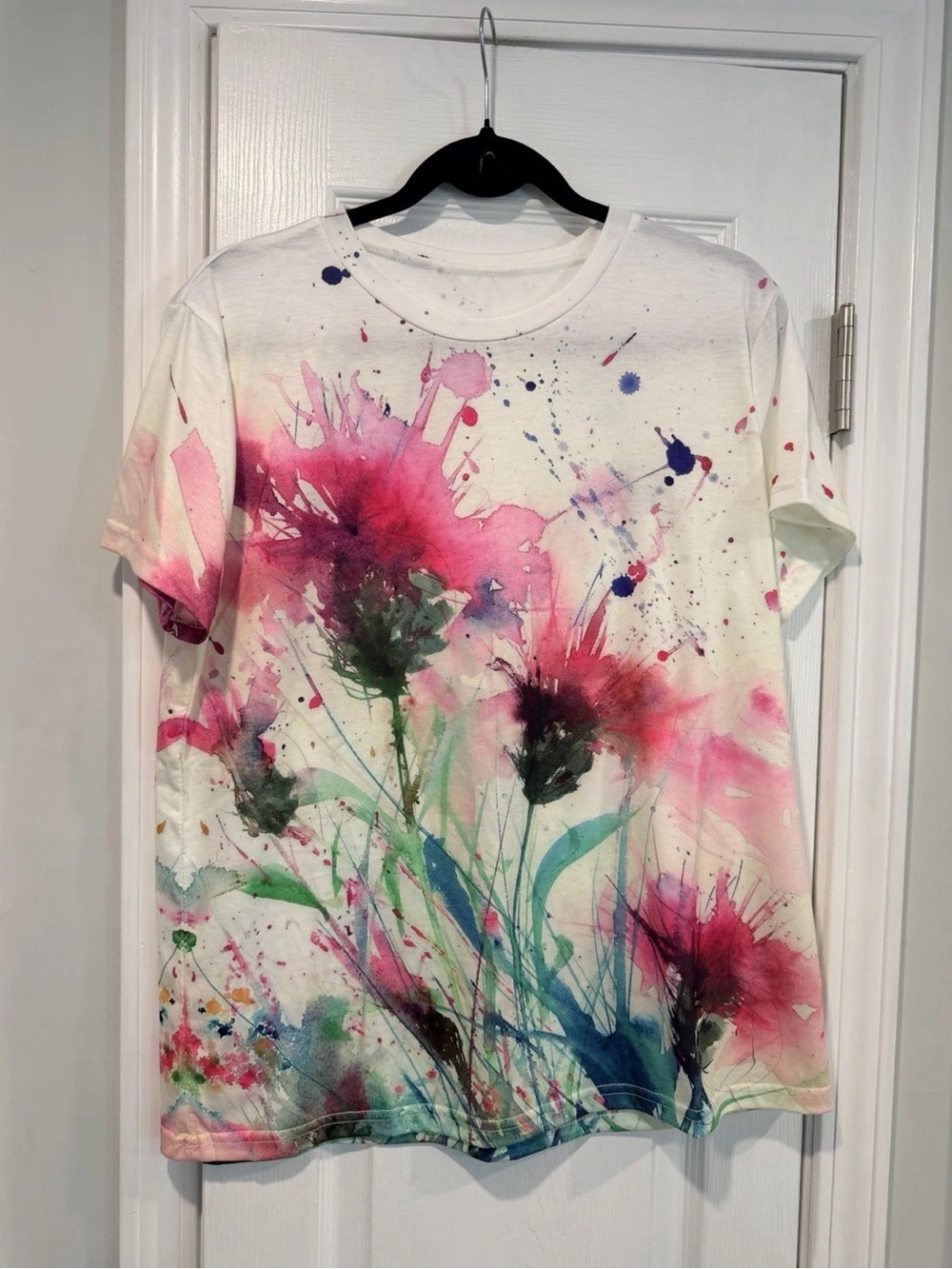 Floral Watercolor Print Short Sleeve Tee - White/Pink